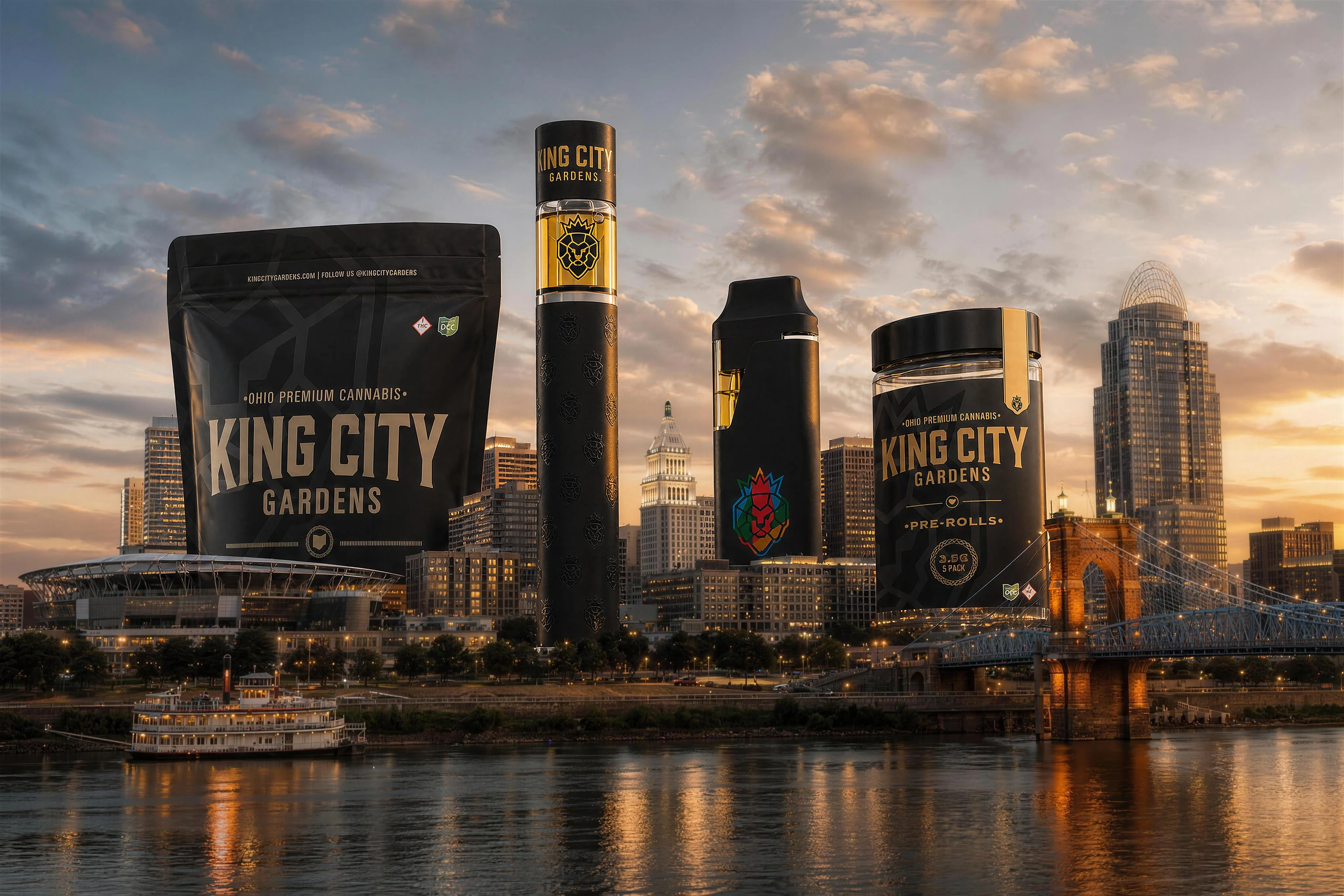 King City Gardens packaging rising from the Cincinnati skyline at sunset