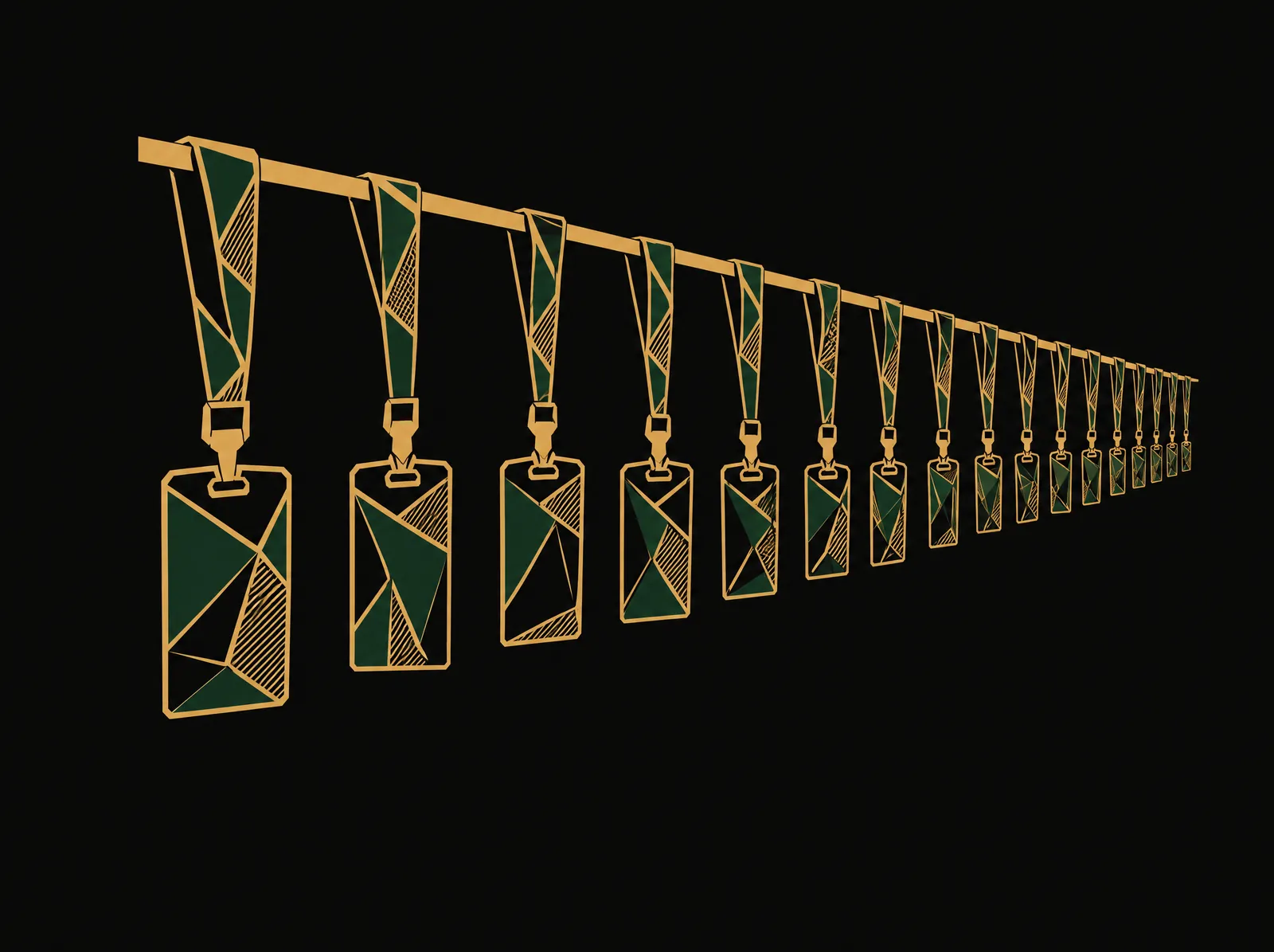 A long row of ID badges on lanyards hanging from a rail