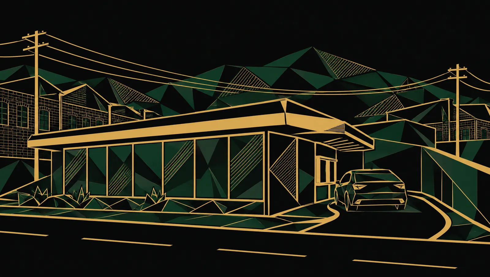 Gold line drawing of a single-story shop whose drive-thru lane curves around its flank, with industrial roofs and hills beyond