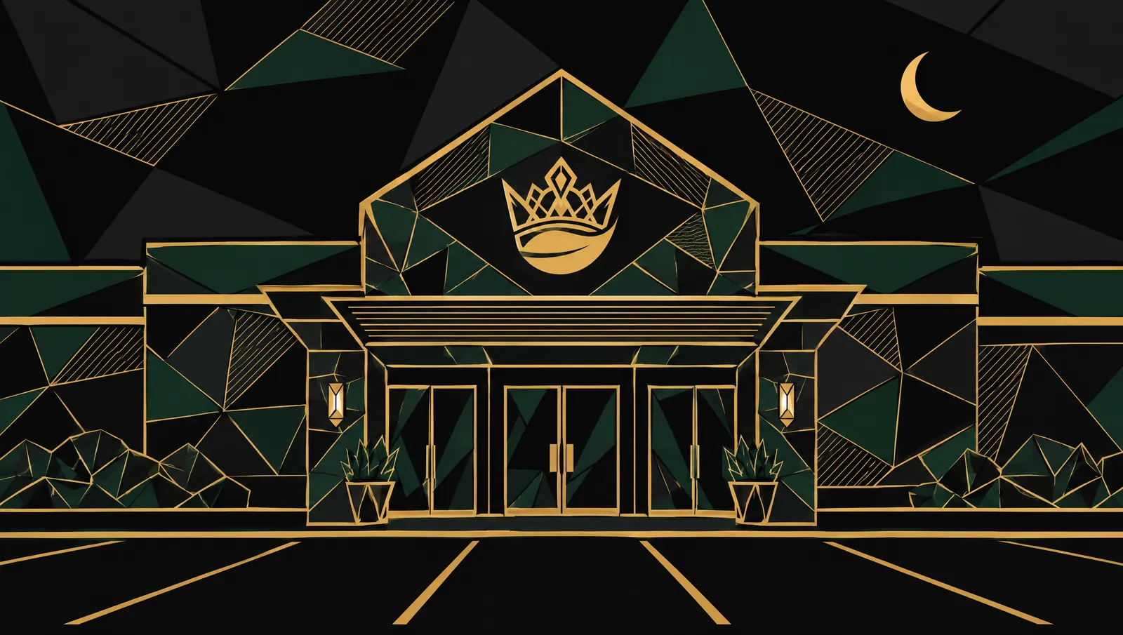Faceted gold drawing of a stone-gabled storefront with a crown emblem at night, an empty striped lot in front