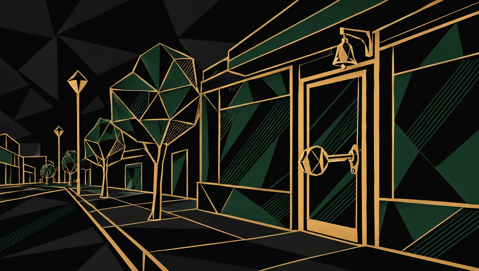 Faceted gold drawing of a key turning in the lock of a small storefront door on a city avenue at night