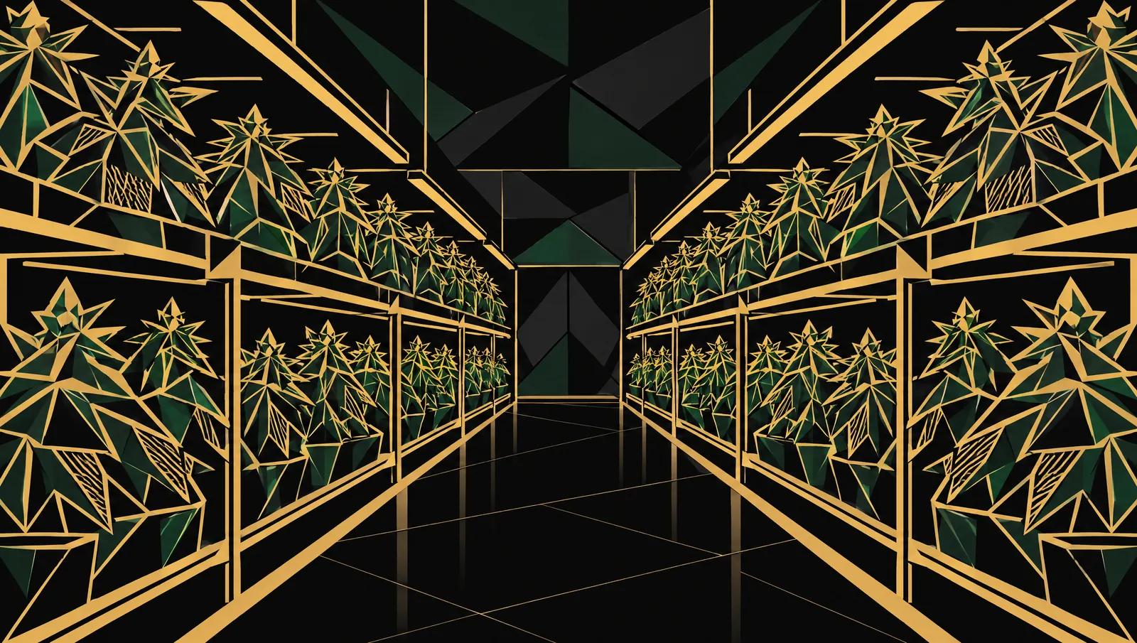 Gold line drawing looking down a flower room aisle, plants stacked on two levels of racks beneath rows of lights