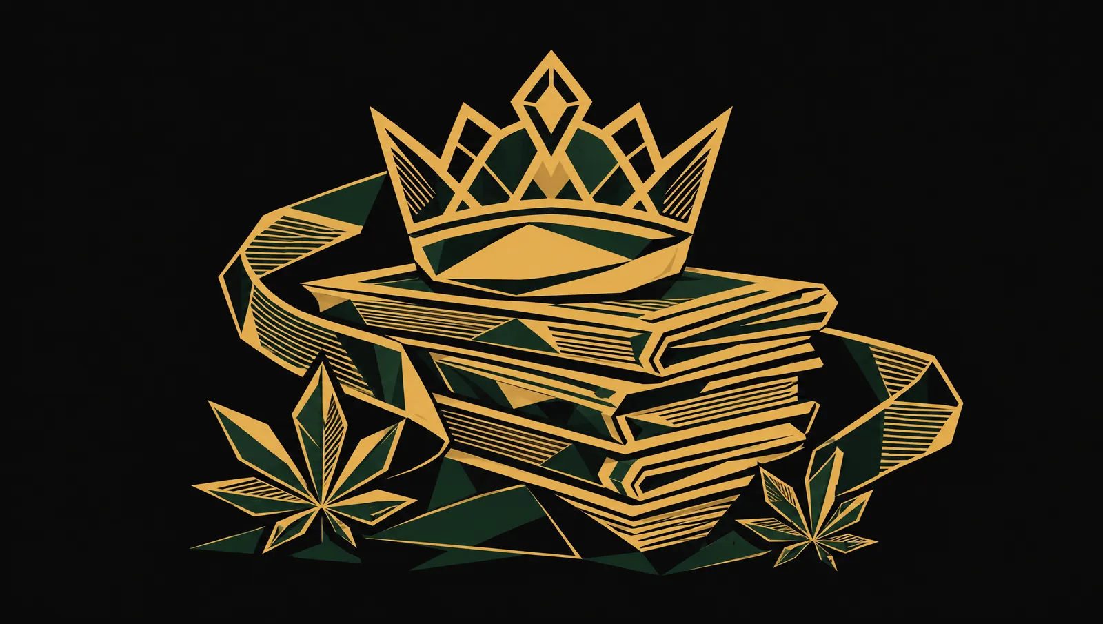Faceted gold drawing of a crown resting on a stack of folded newspapers wrapped in a ribbon of paper tape