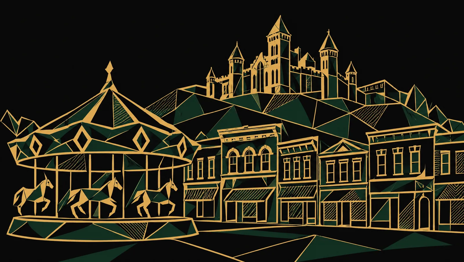 Faceted gold drawing of a carousel, a row of old storefronts and the towers of a castle-like reformatory on the hill