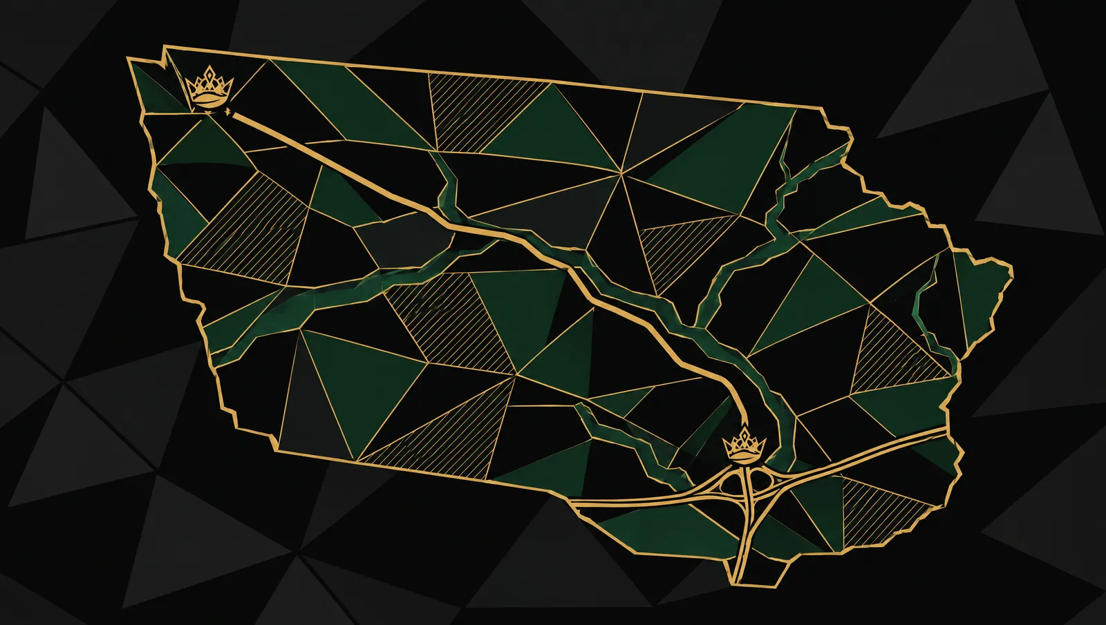 Faceted gold drawing of a state map with two crowns far apart joined by a gold route