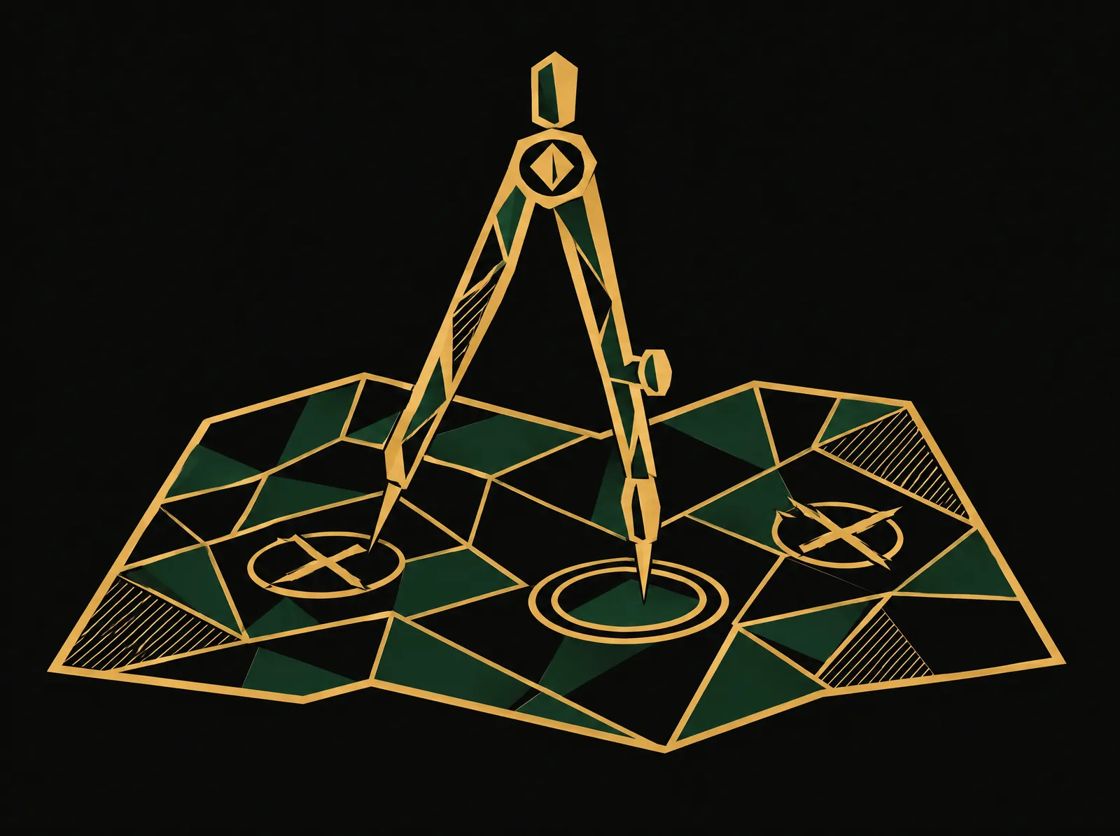 A drafting compass on a street map with three circled sites, two crossed out