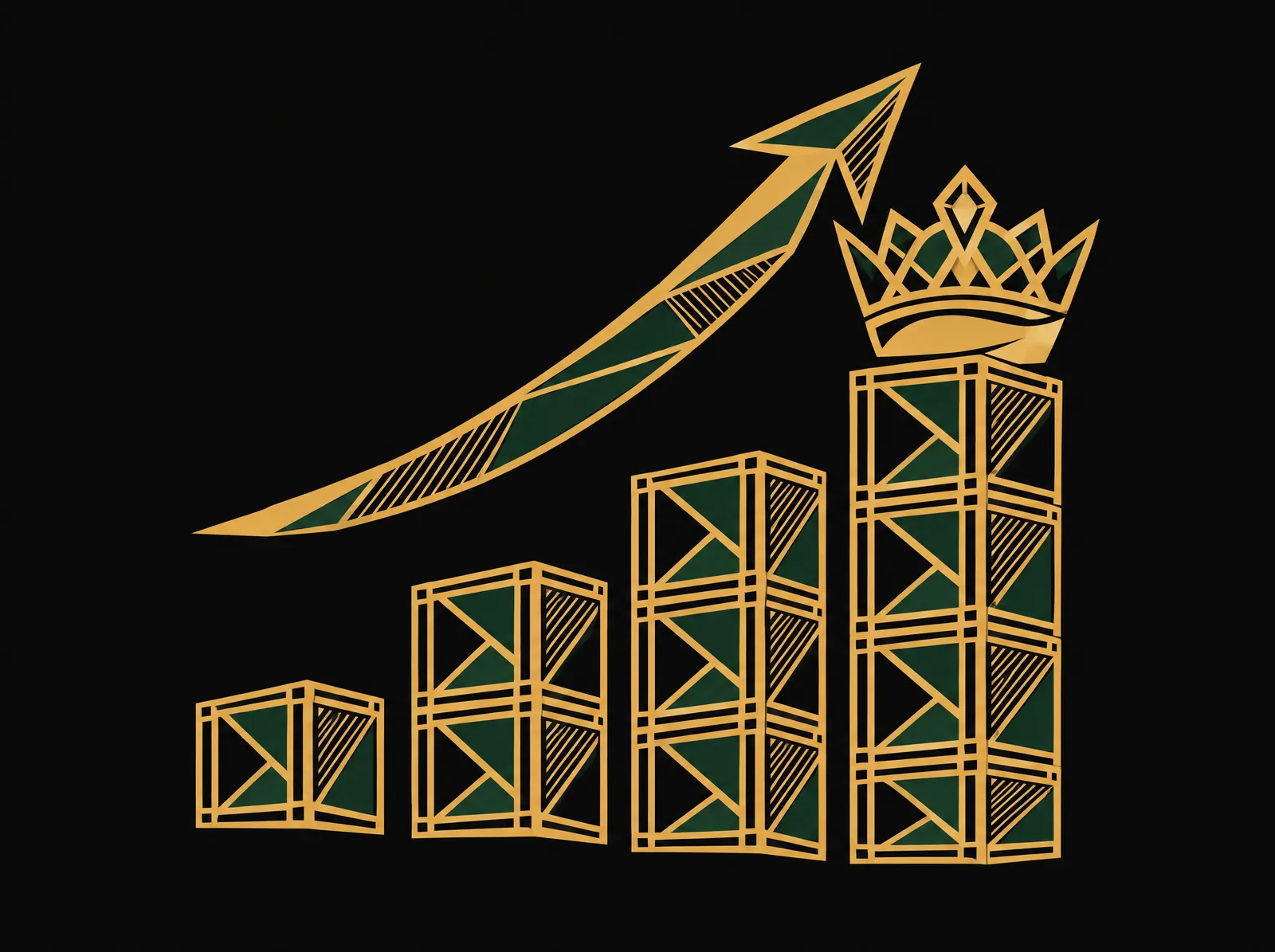 A crown on the tallest bar of a rising chart built from crates, under a sweeping arrow