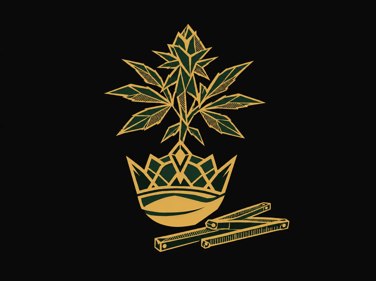 A faceted cannabis plant growing from a crown-shaped planter beside a folding rule