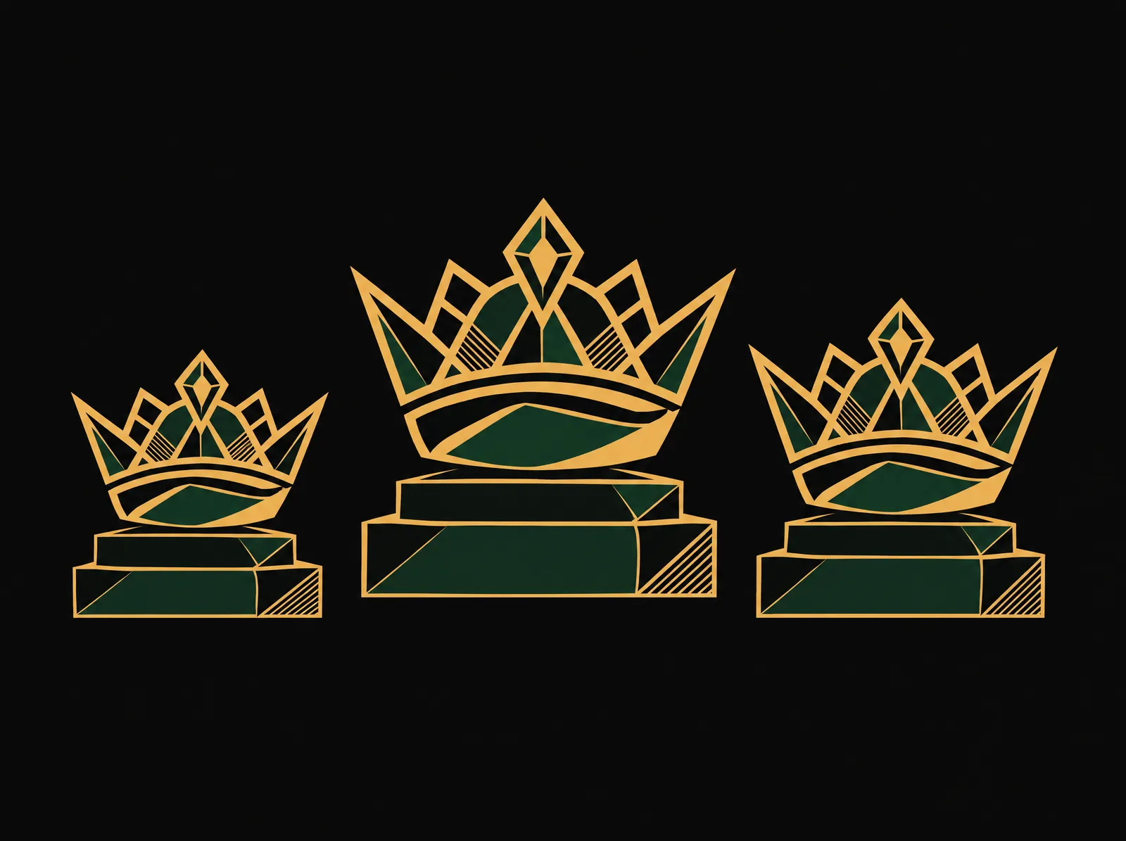 Three faceted gold crowns on stepped plinths, the third the largest