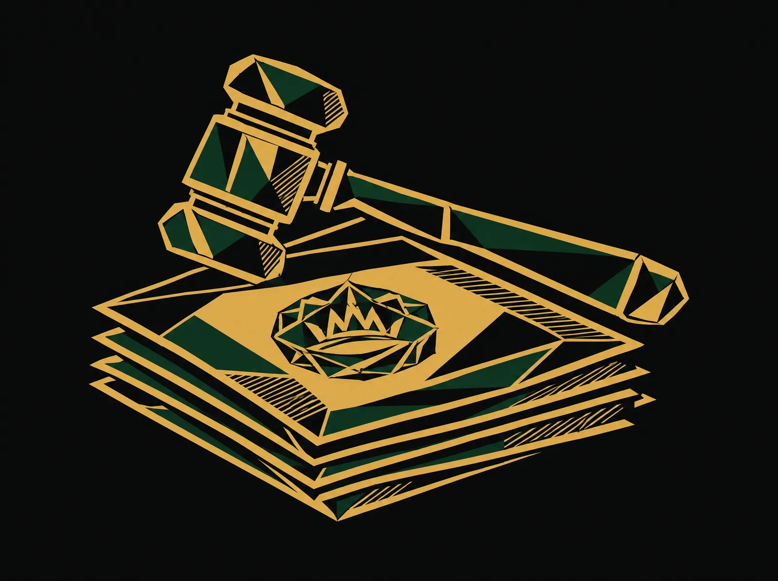 A gavel resting across a stack of permits sealed with a round stamp