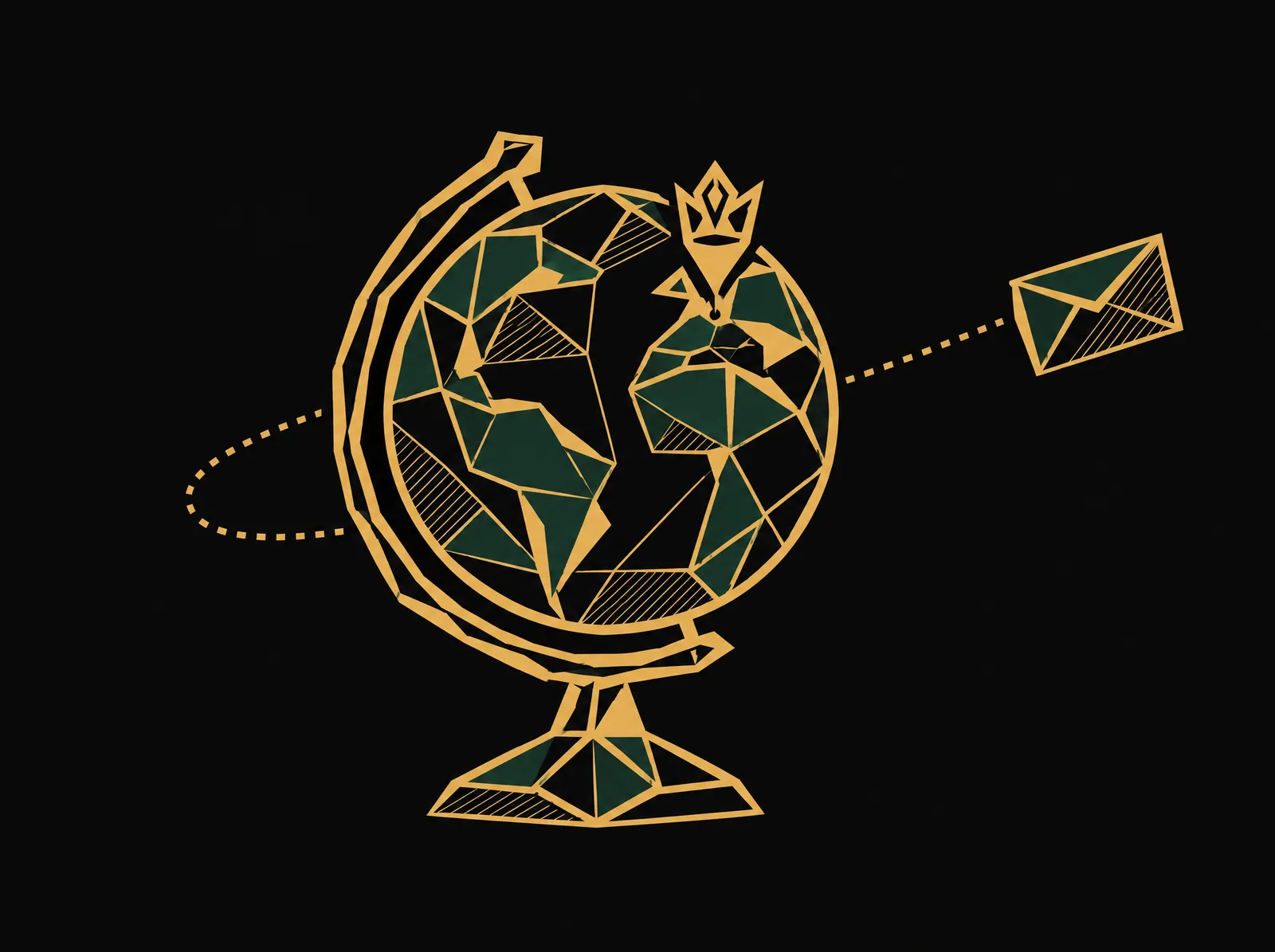 A globe on a stand with a crown pin and an envelope flying past