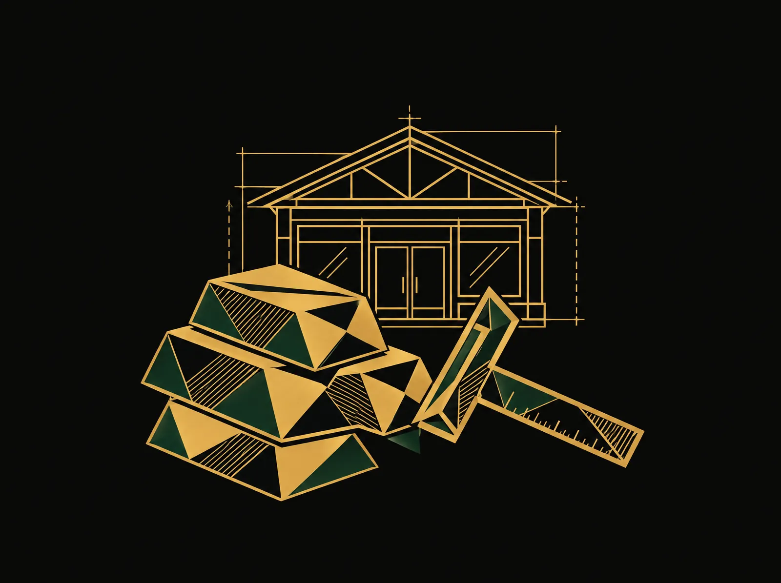 Faceted gold bars beside a carpenter square and a blueprint of a gabled storefront