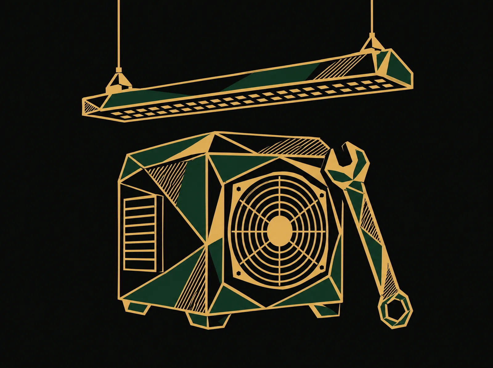 An LED grow light bar hung above an air handling unit with a wrench