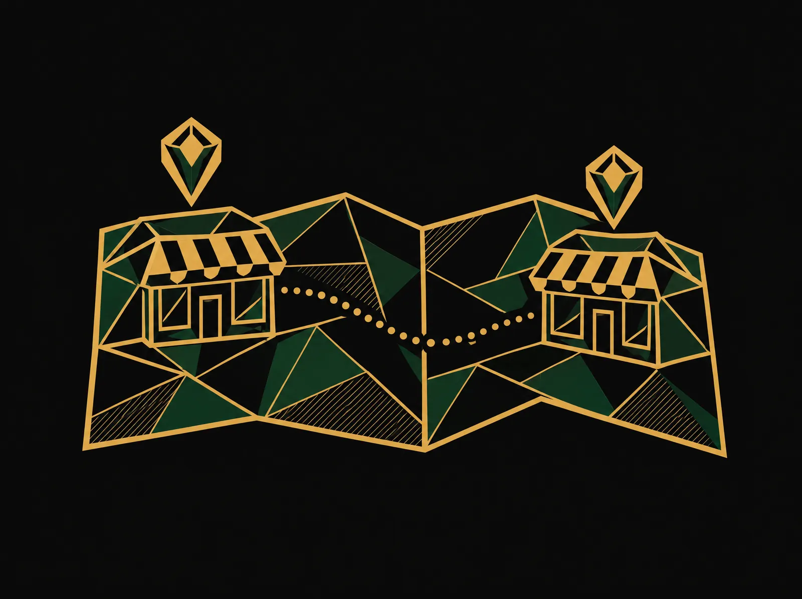 Two storefronts on either side of the fold of an open map, joined by a dotted route
