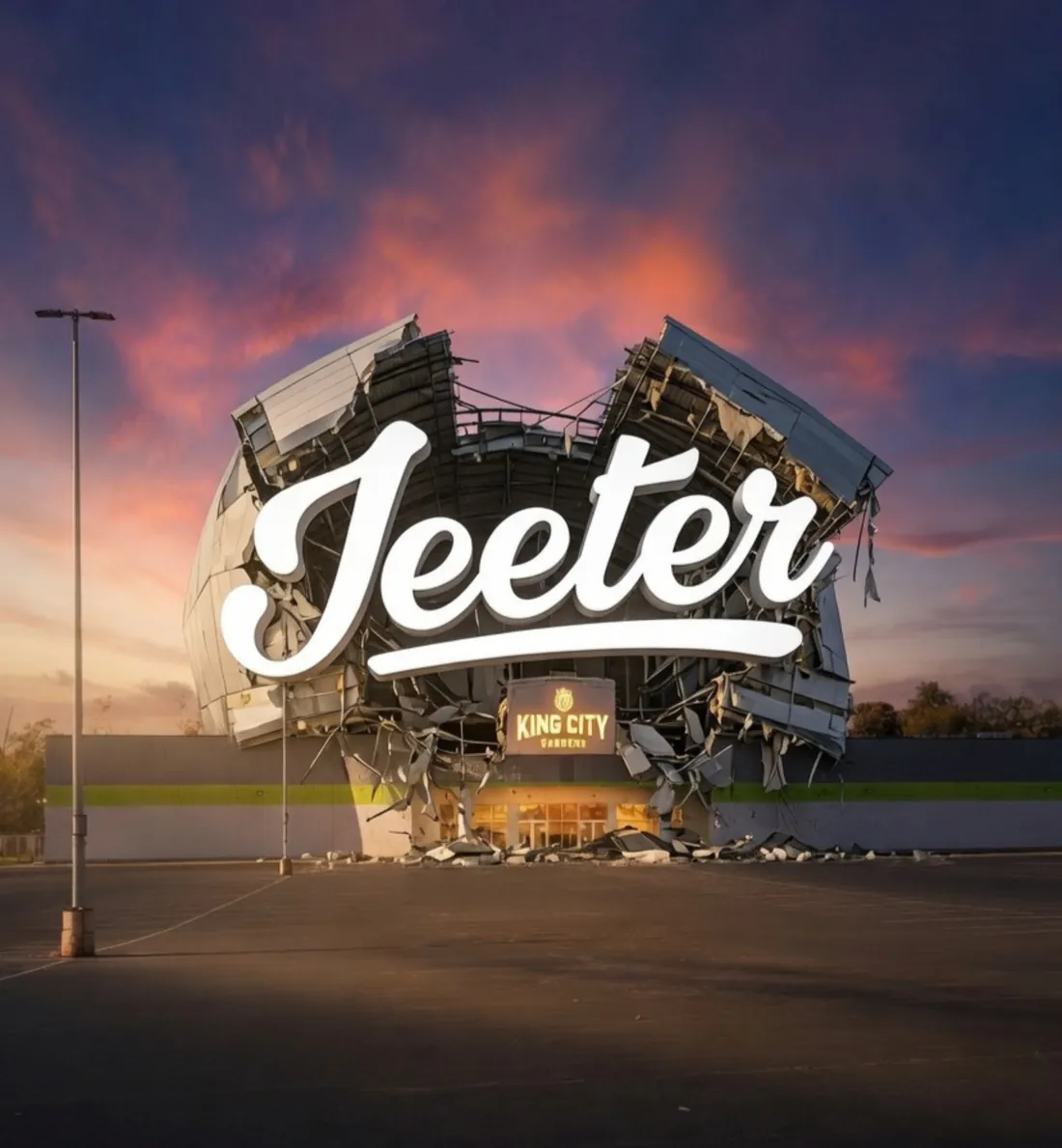 Launch art: Jeeter's script logo breaking out through the top of the King City Gardens building against an evening sky