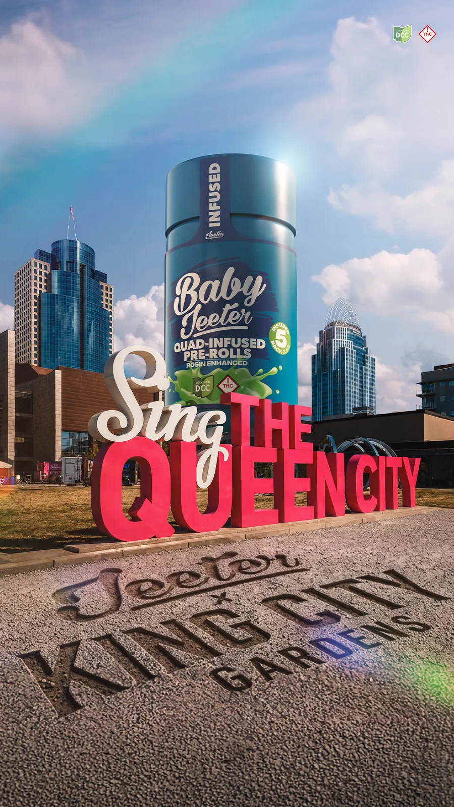 Launch art for Jeeter and King City Gardens: a Baby Jeeter tube the size of a tower above the Cincinnati skyline, with SING THE QUEEN CITY spelled out in red in front