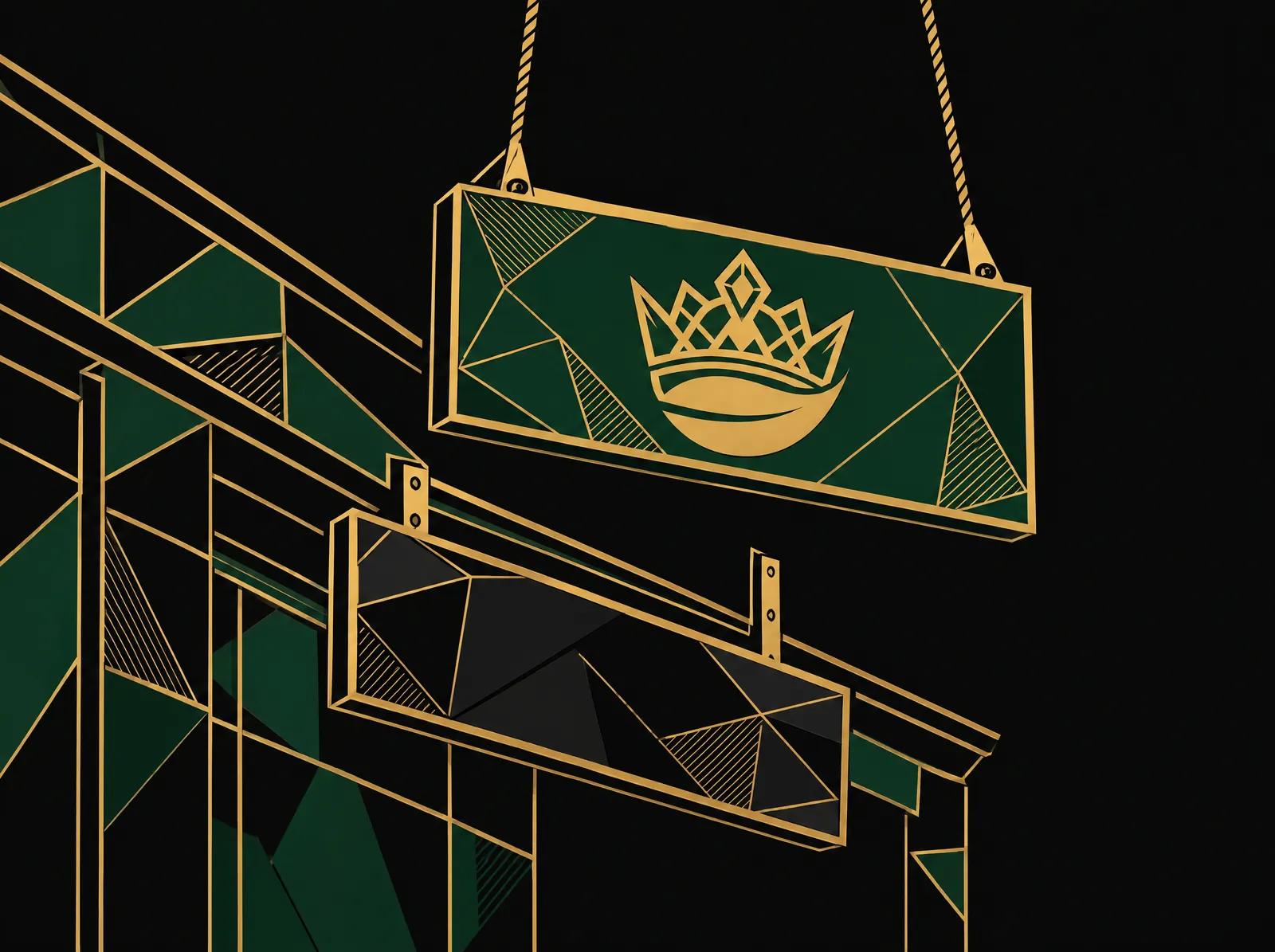 An old blank sign lowered while a new crowned sign is raised on a shopfront