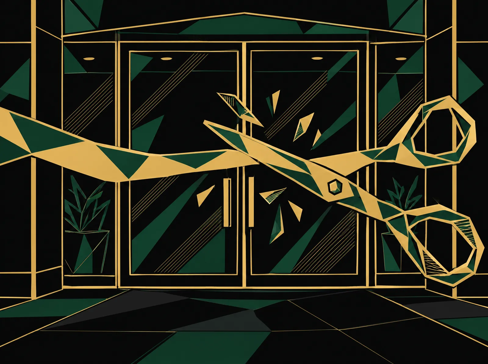 A ribbon across storefront glass doors and giant scissors about to cut it