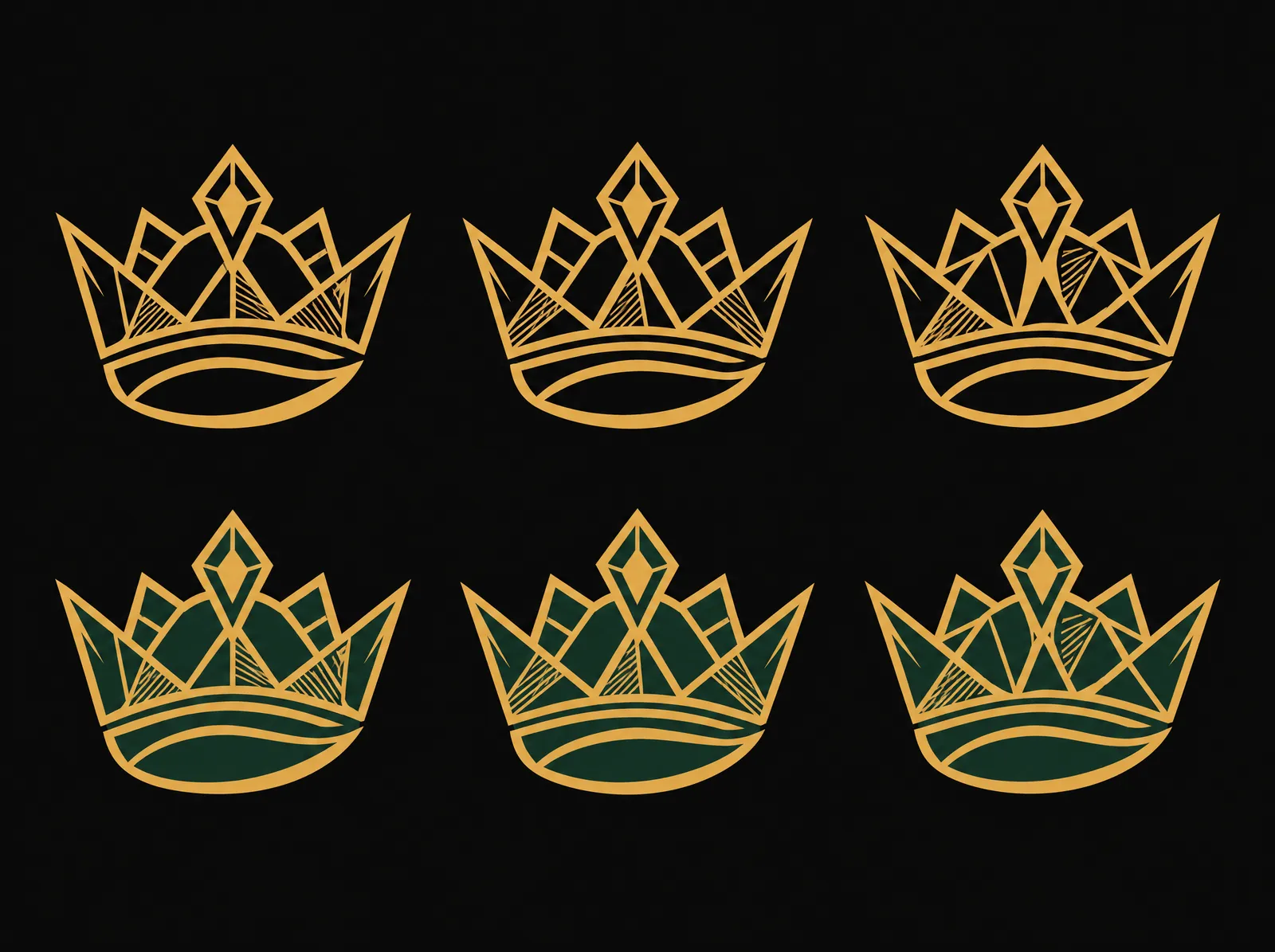 Six faceted crowns in two rows of three, the top row in outline, the bottom row filled green