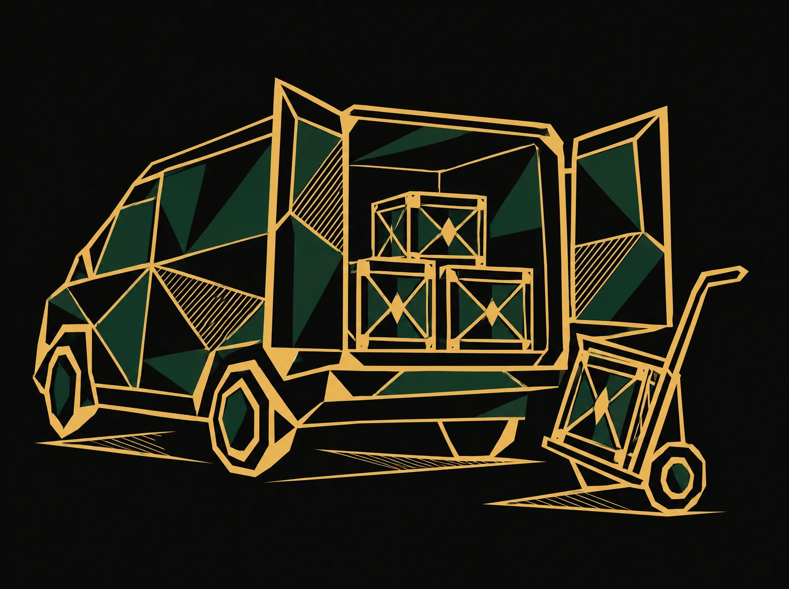 A delivery van with its rear doors open, crates inside and one on a hand truck