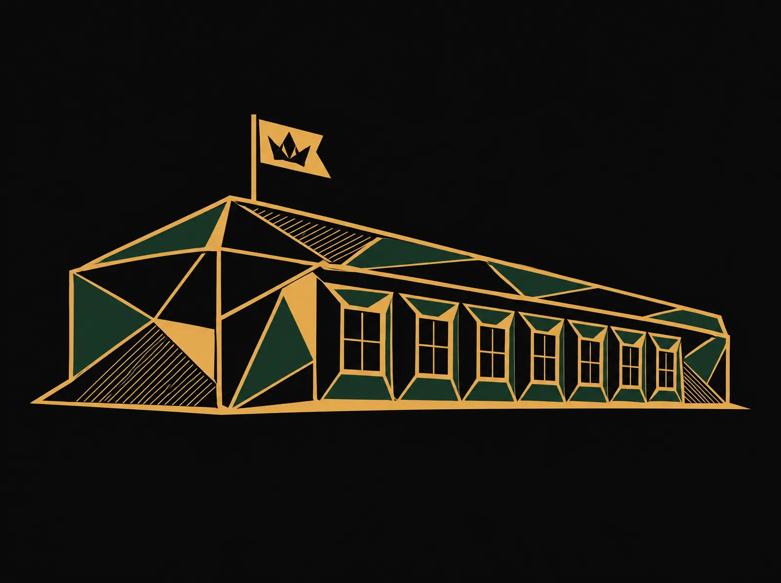 A long warehouse with eight window bays and a crown flag on the roof