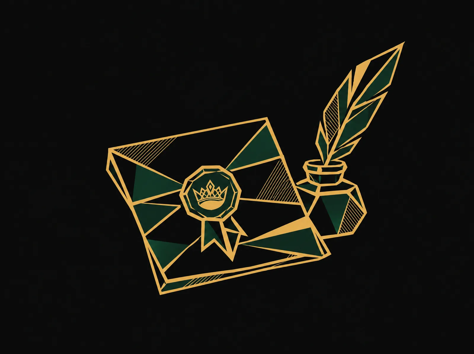 A folded document closed with a crown wax seal, a quill and an inkwell