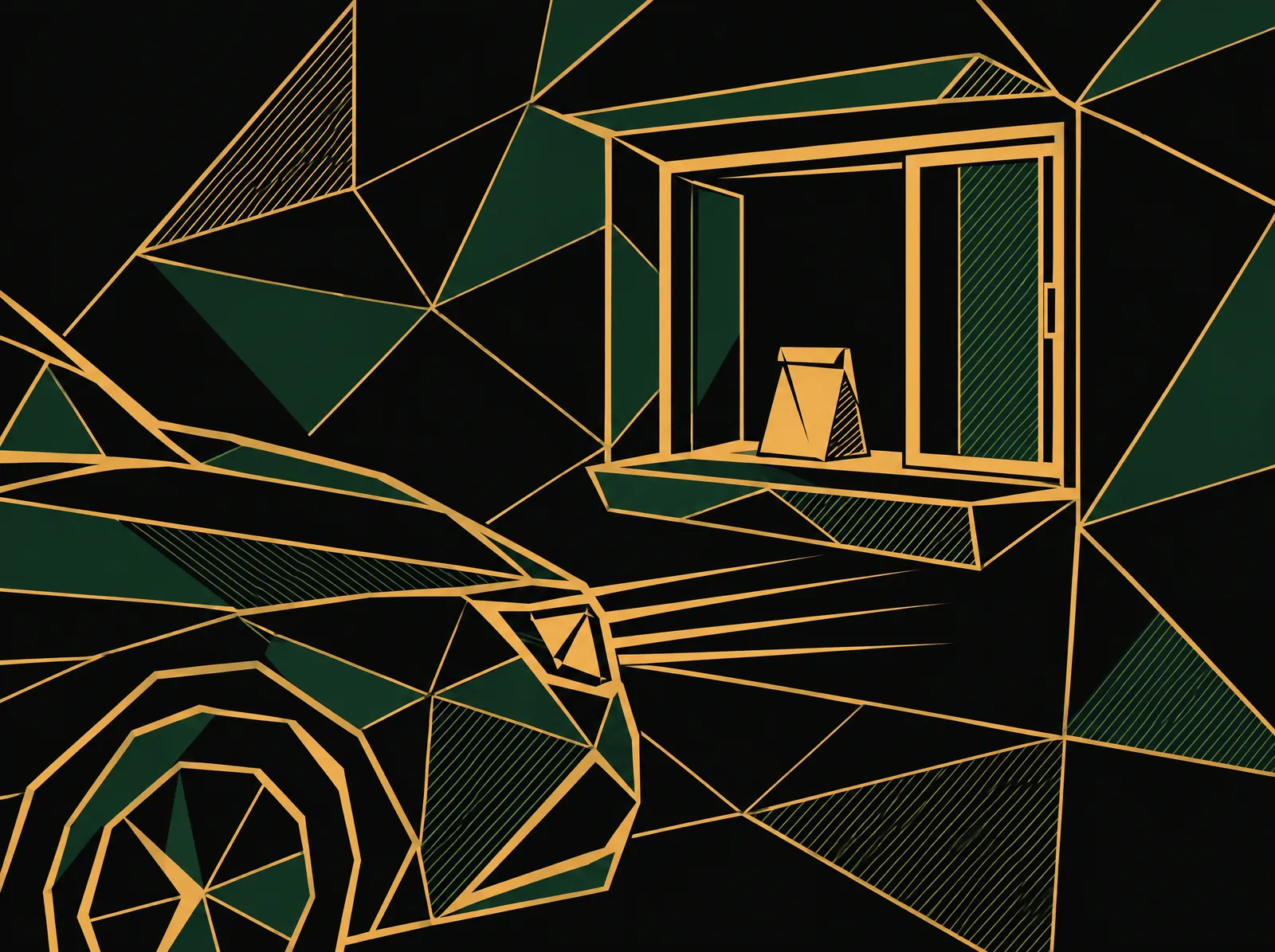 A drive-thru window with a bag on the sill and a car pulling up, headlights drawn as gold rays